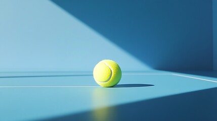 Bright and detailed tennis ball positioned on smooth blue playing surface with clear white line