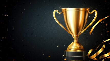 golden trophy cup gleaming triumphantly against a textured dark backdrop with falling celebratory golden ribbons and shimmering bokeh lights symbolizing ultimate achievement and recognition