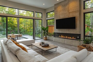 Fototapeta premium High-end modern living room with white sofa, large TV, fireplace, glass door to backyard garden, and neutral color palette.