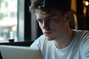 Fototapeta premium Generative AI image Person Working with Laptop in Cozy Cafe Cafeteria Setting