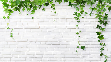 A white brick wall with green ivy growing out of it. The ivy is covering the wall and creating a natural, calming atmosphere