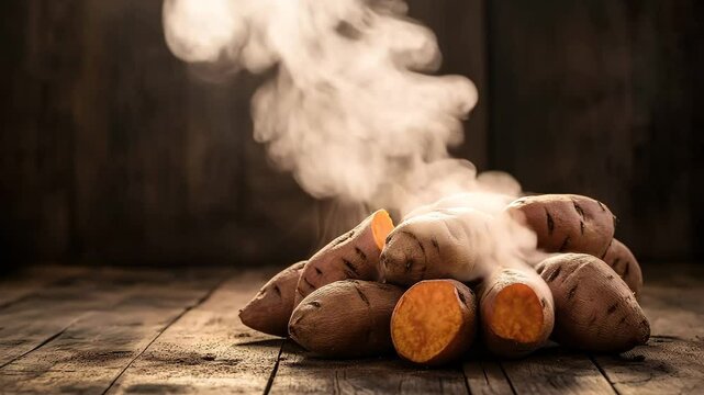 A pile of freshly steamed sweet potatoes with steam