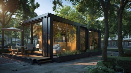 Fototapeta premium Wooden cabin in a forest setting