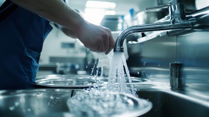 Plumber clearing a blocked drain in a commercial kitchen. Featuring plumbing services and drain maintenance
