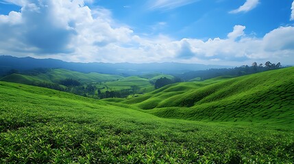 Fototapeta premium scenic coffee plantation with lush green fields rolling hills and a bright blue sky showcasing tranquil countryside beauty fertile agricultural land and refreshing outdoor atmosphere