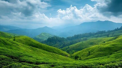Naklejka premium scenic coffee plantation with lush green fields rolling hills and a bright blue sky showcasing tranquil countryside beauty fertile agricultural land and refreshing outdoor atmosphere