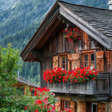 Rustic Alpine chalet exterior with weathered timber cladding, steeply pitched roofs, and window boxes overflowing with red geraniums