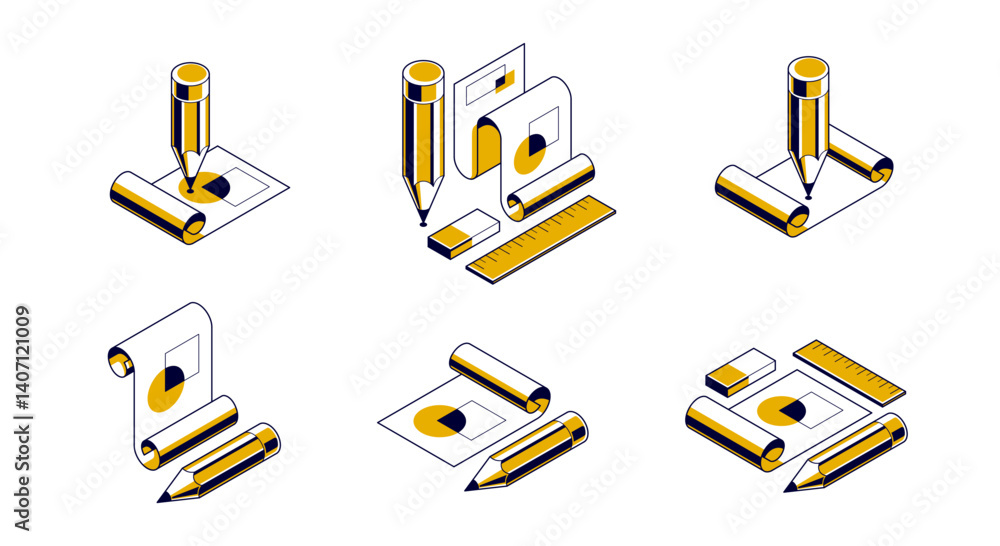 Poster engineering project concept set, paper document blueprint with pencil engineer work job vector 3d is