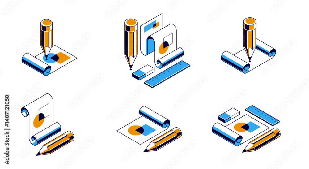 Poster engineering project concept, paper document blueprint with pencil engineer work job vector 3d isomet