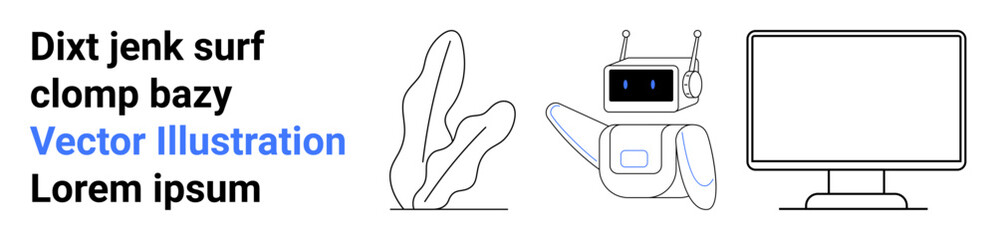 Robot gesturing toward a monitor with a leafy plant nearby conveys advanced technology and nature harmony. Ideal for AI, robotics, education, innovation, tech workshops, sustainability, simple