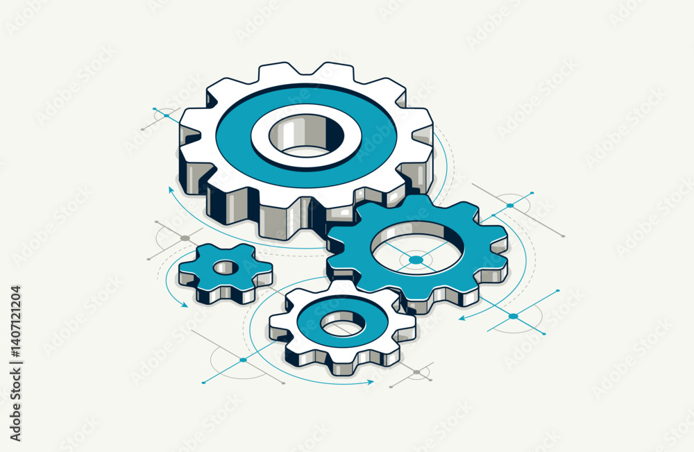 Poster mechanical engineering concept, gears and cogs with project drawing draft isometric 3d vector illust