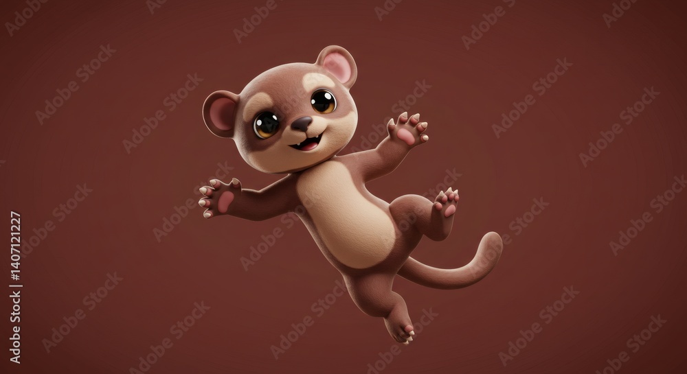 Poster playful animated otter character jumping with joy on a solid brown backdrop