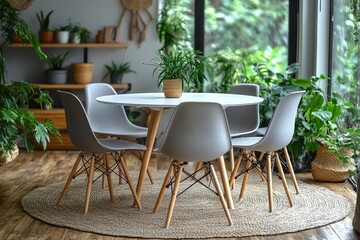 Fototapeta premium Modern Scandinavian dining room with round white table, grey chairs with natural wood legs, and natural light from the window.