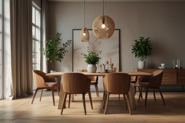 Fototapeta premium Modern dining table with wooden surface
