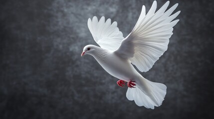 a pristine white dove gracefully soars against a somber backdrop showcasing the beauty of nature and evoking feelings of peace and liberation in a modern artwork