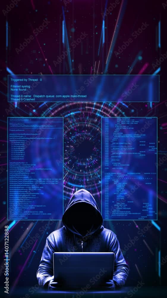 Aufkleber hacker with code on screen hooded figure sitting at a laptop breach security systems. security measu