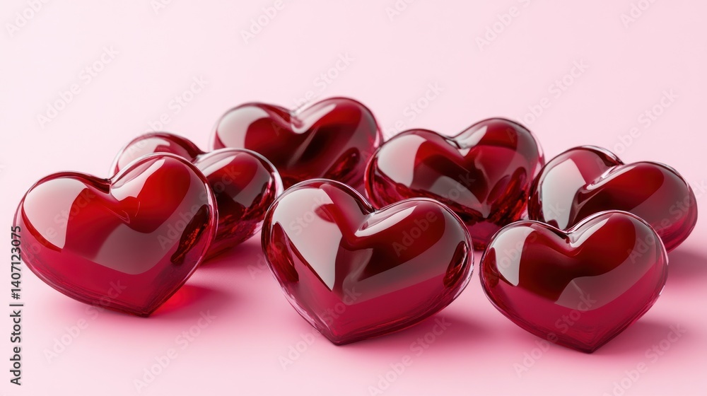 Poster a vibrant arrangement of translucent ruby hearts gleaming on a subtle blush surface capturing the es