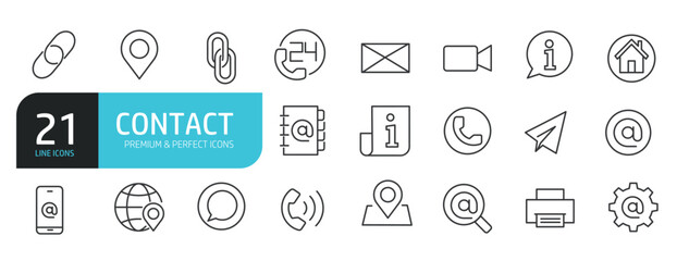 Set of line icons related to contact, communication, service, support. Outline icons collection. Editable stroke. Vector illustration