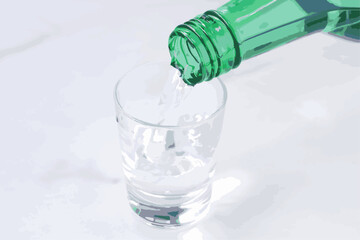 韓国の伝統的な蒸留酒、よく冷えた韓国焼酎（ソジュ）をグラスに注ぐ