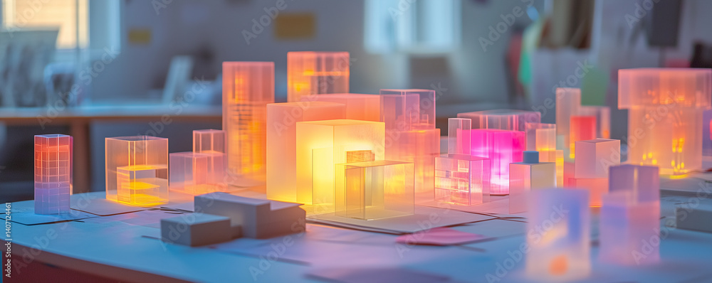 Poster conference call discussing innovative architectural models within a modern workspace environment