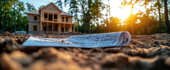 Framing underway on a new house with blueprints set on the lot as golden sun bursts through the trees