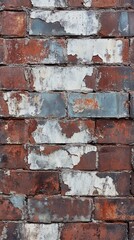 Old red brick wall with peeling white and blue paint showing signs of age and weathering