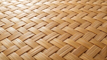 This image captures the detailed pattern of a diagonally woven mat made from natural fibers like bamboo or straw, exhibiting a warm, light brown tone