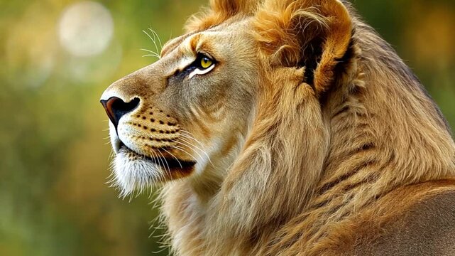 Majestic lion gazing into the distance amidst a lush green background, showcasing its regal demeanor