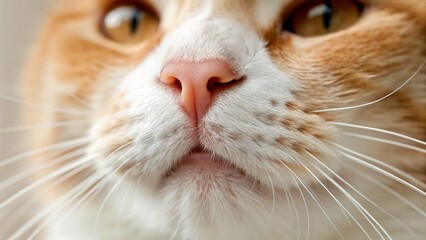 A close-up, low-angle shot of a cat's face with white and light orange fur, featuring a pink nose and captivating amber eyes looking upwards