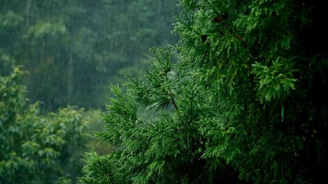 Raining shower in the green forest tropical loop video footage. Heavy rain falling on tree leaves