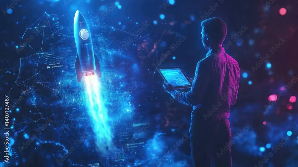 Aufkleber futuristic scene of an individual utilizing technology while observing a rocket launch in a digital 