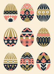 Colorful Decorative Easter Eggs Vector Illustration with Floral and Geometric Patterns