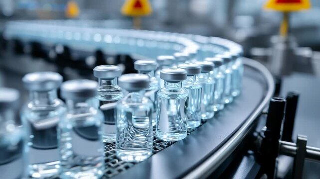 製薬工場のベルトコンベアを流れるワクチン小瓶の映像