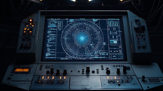 high tech missile defense control room with radar display digital maps and officials monitoring sensor information on advanced strategic command interfaces