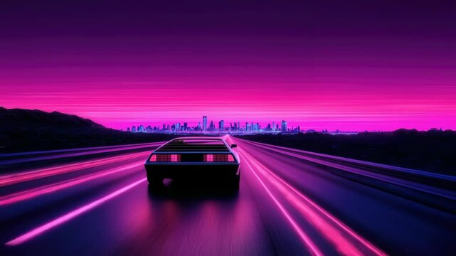 Retro-Futuristic Car Speeds Down Neon Highway Towards Glowing Cityscape at Night