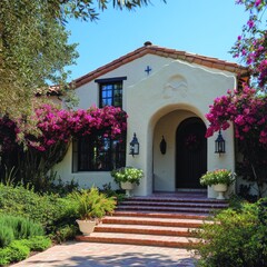 Fototapeta premium Spanish Revival exterior with stucco walls, clay roof tiles, and an arched entryway framed by bougainvillea