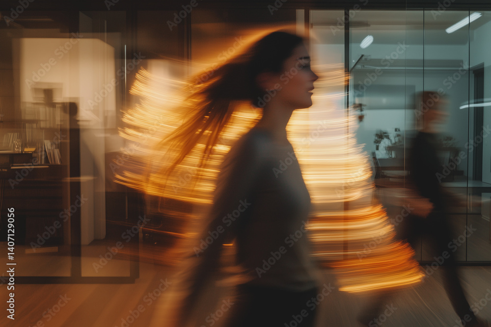 Aufkleber team member captured in motion blur while pacing through an office space during late afternoon hours