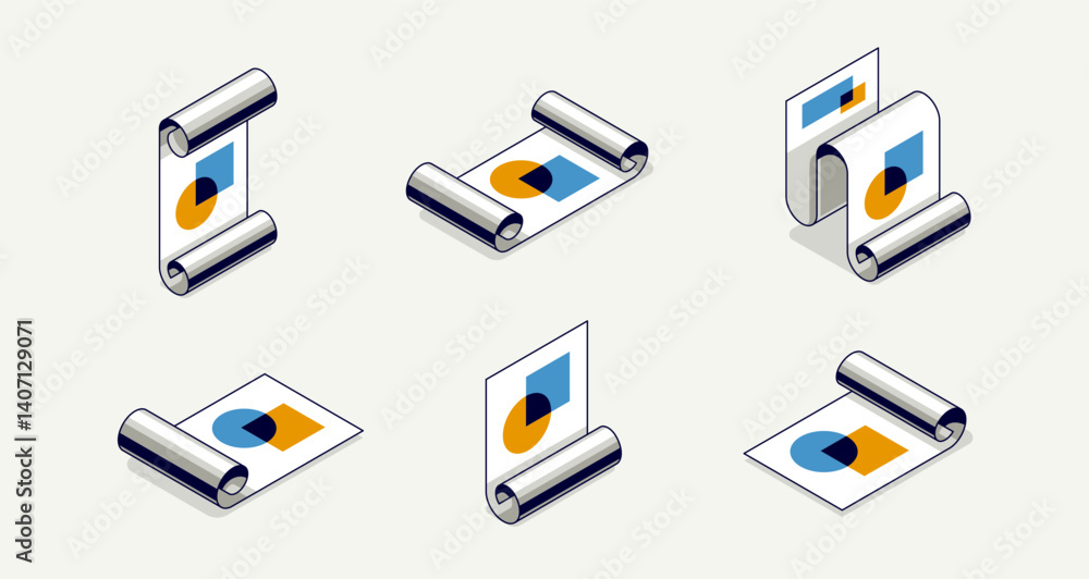 Poster engineering project concept set, paper document blueprint engineer work job vector 3d isometric illu