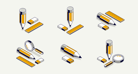 Education concept icon or logo set, 3D isometric pencil with other elements vector illustration, student study learning in college or university, technical and engineering education.
