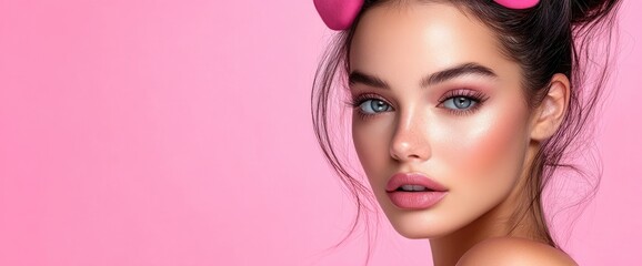 Fototapeta premium Pink portrait woman with pink makeup, hair accessories against pink background