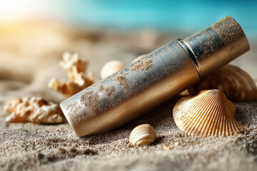 Metallic sunscreen tube with sand, tropical shells, and sun glare on a beach, shallow depth of field