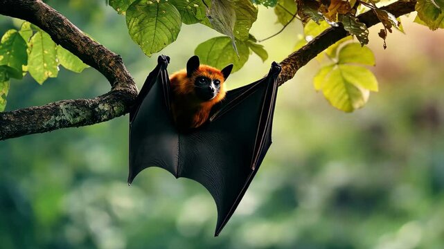 Flying fox pteropus resting on tree branch in tropical environment during golden hour, Flying Fox Pteropus hanging on tree branch in tropical rainforest in Asia