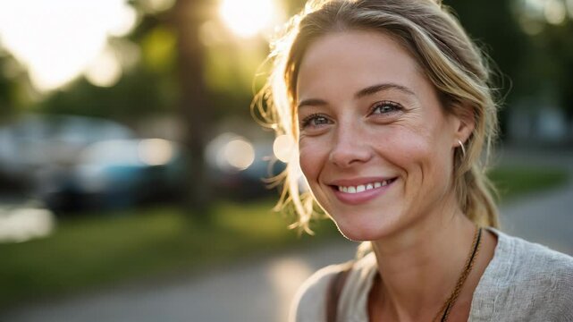 Natural light portrait of a confident young woman in her 30s standing outdoors in the golden hour, looking at the camera with a calm expression, warm tones, Generative AI
