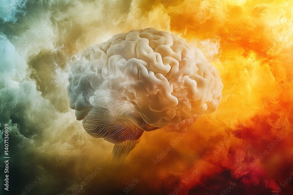 Poster surreal representation of a brain surrounded by colorful clouds and abstract patterns