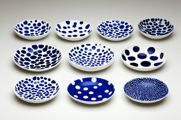Ceramic bowls displayed with blue dot patterns, studio shot on a neutral background