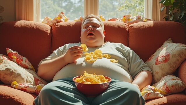 Young obese man relaxing on couch, eating potato chips from bowl and watching TV during day at home