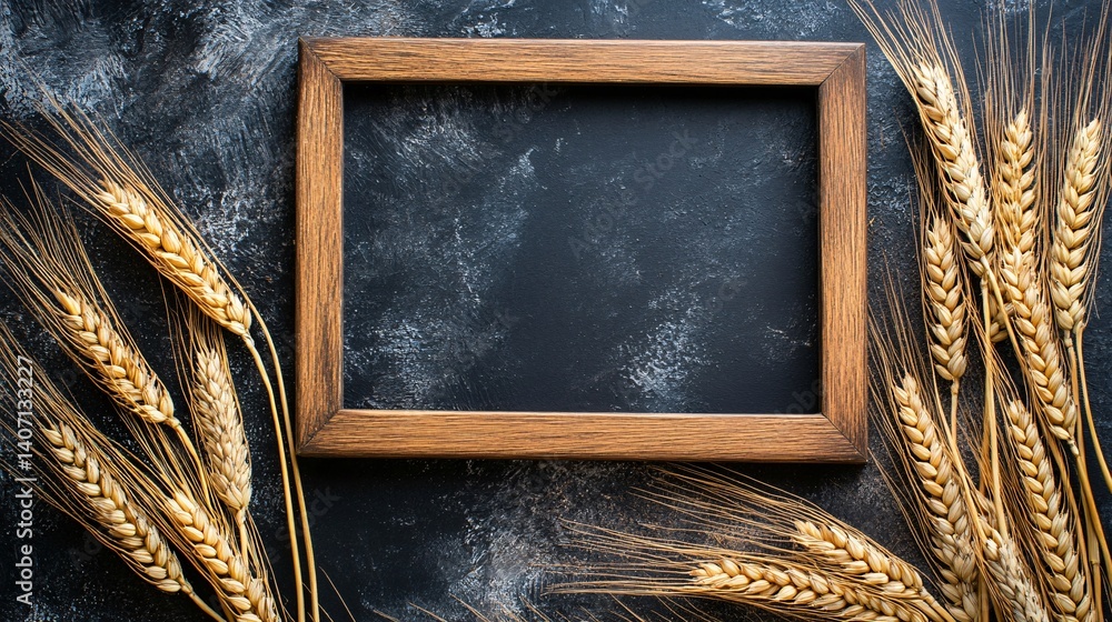 Poster wheat ears framing empty wooden picture frame on dark background