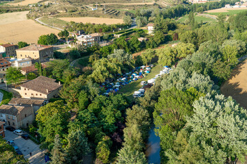 Obraz premium Aerial View from a Hot Air Balloon Over Vineyards and Fields in La Rioja, Spain