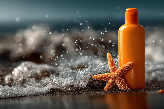 bright orange sunscreen bottle and starfish on wet beach sand near shoreline, foamy sea water and bokeh background
