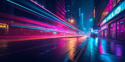 Neon night street in the city center in a wide picture. Unnamed city.